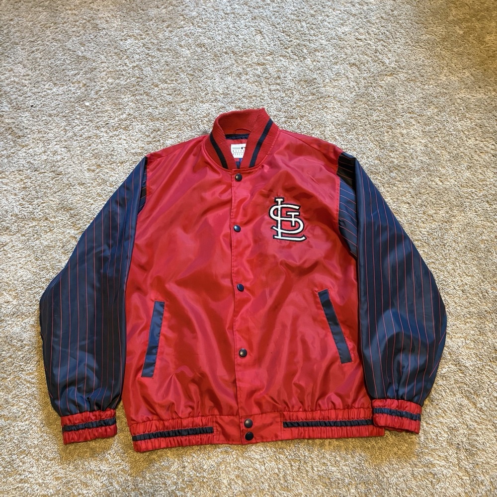 MLB St. Louis Cardinals Satin Jacket Mens L Red Pinstripe Sleeves Varsity VTG